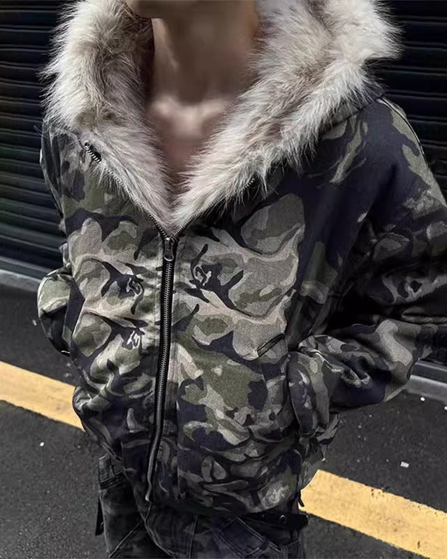 Riyooo Street Camo Fur Denim Jacket