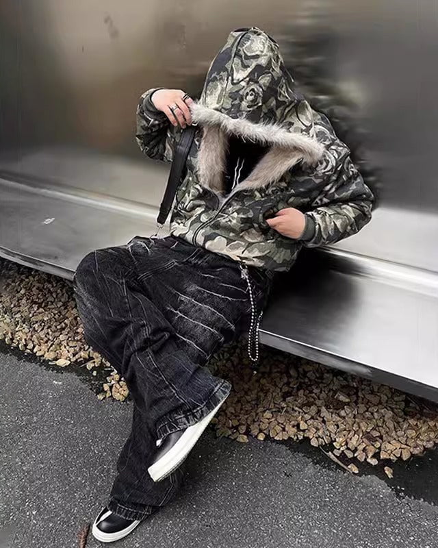 Riyooo Street Camo Fur Denim Jacket