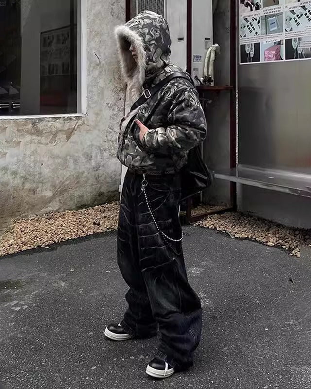 Riyooo Street Camo Fur Denim Jacket