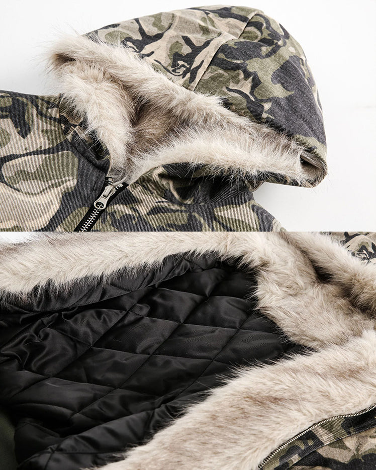 Riyooo Street Camo Fur Denim Jacket