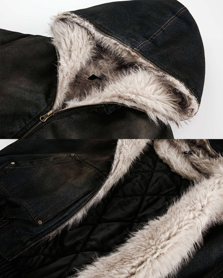 Riyooo Street Vintage Fur Denim Jacket