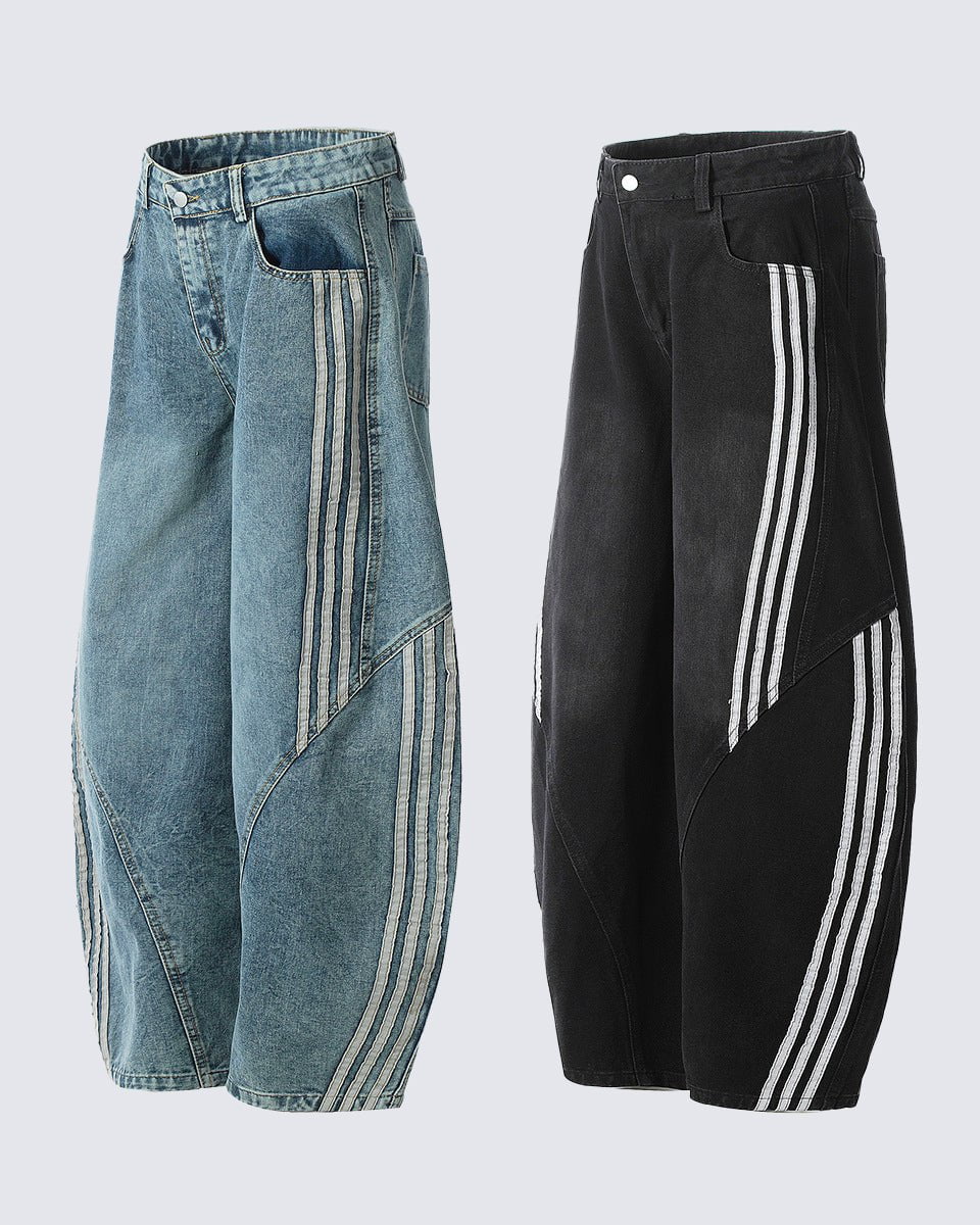 Contrast Striped Wide-Leg Denim Pants
