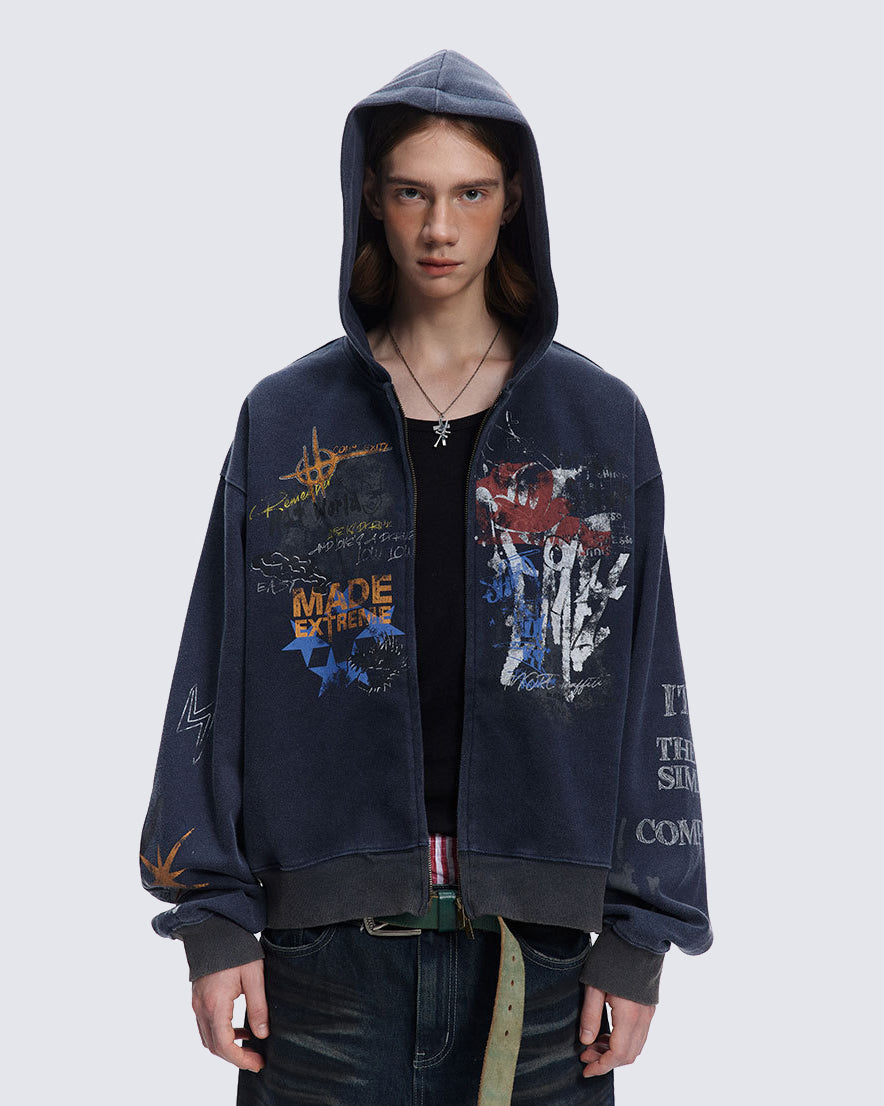 American Hip-hop Print Loose Zip-up Hoodie