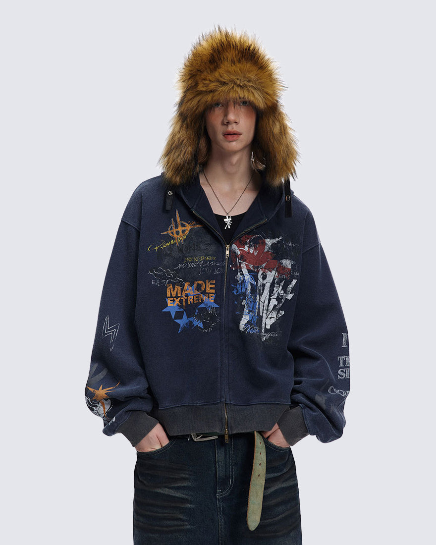 American Hip-hop Print Loose Zip-up Hoodie