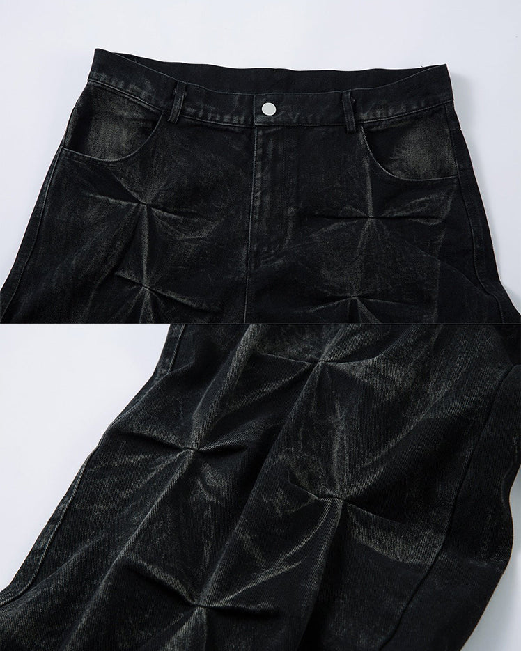 Crinkled Denim Cargo Pants