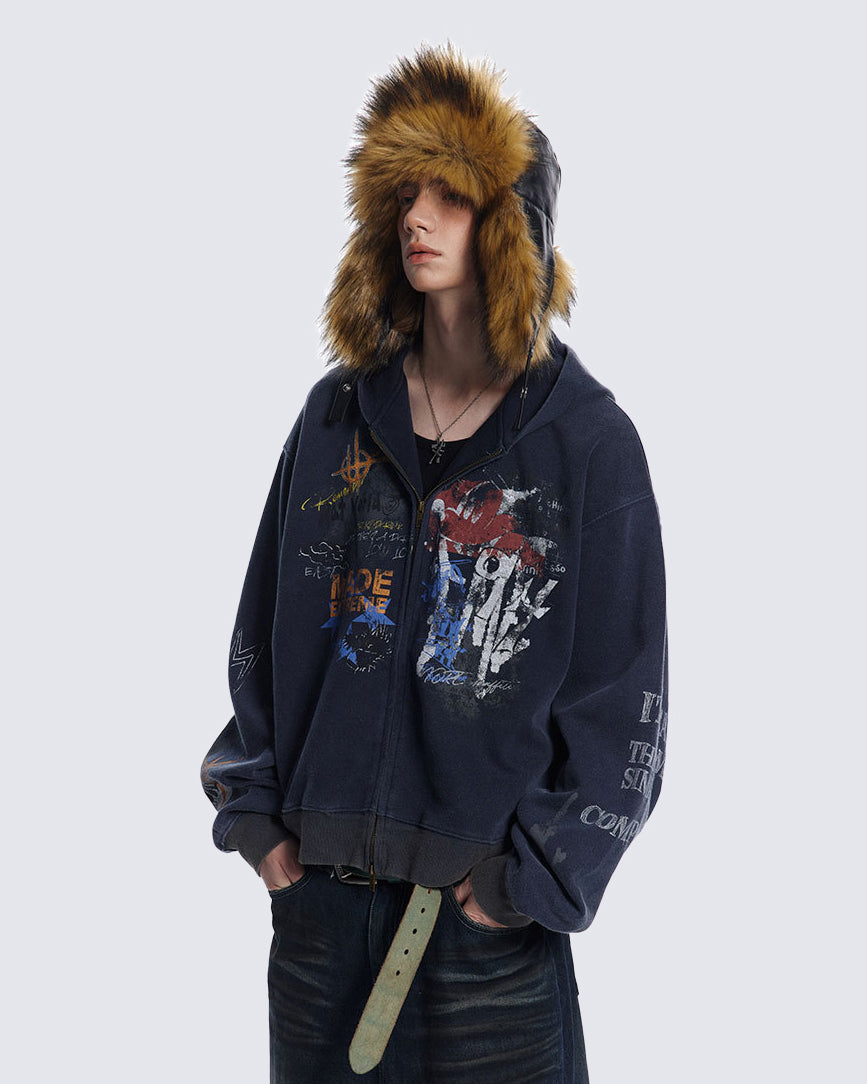 American Hip-hop Print Loose Zip-up Hoodie