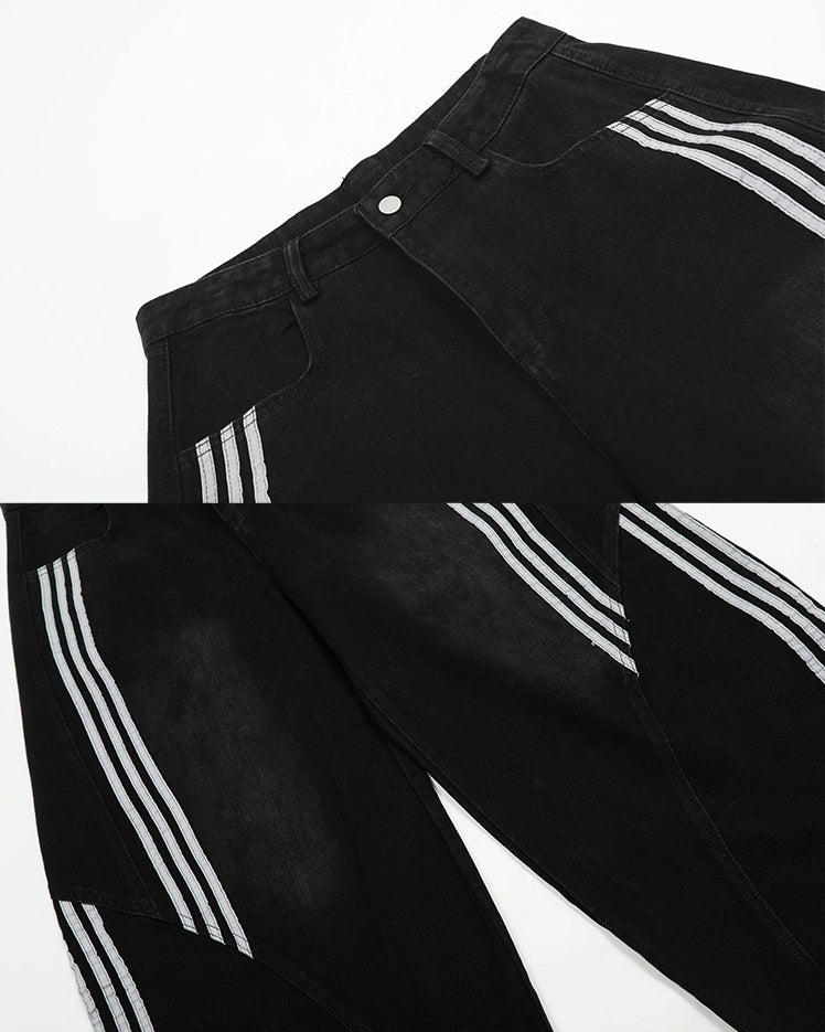 Contrast Striped Wide-Leg Denim Pants