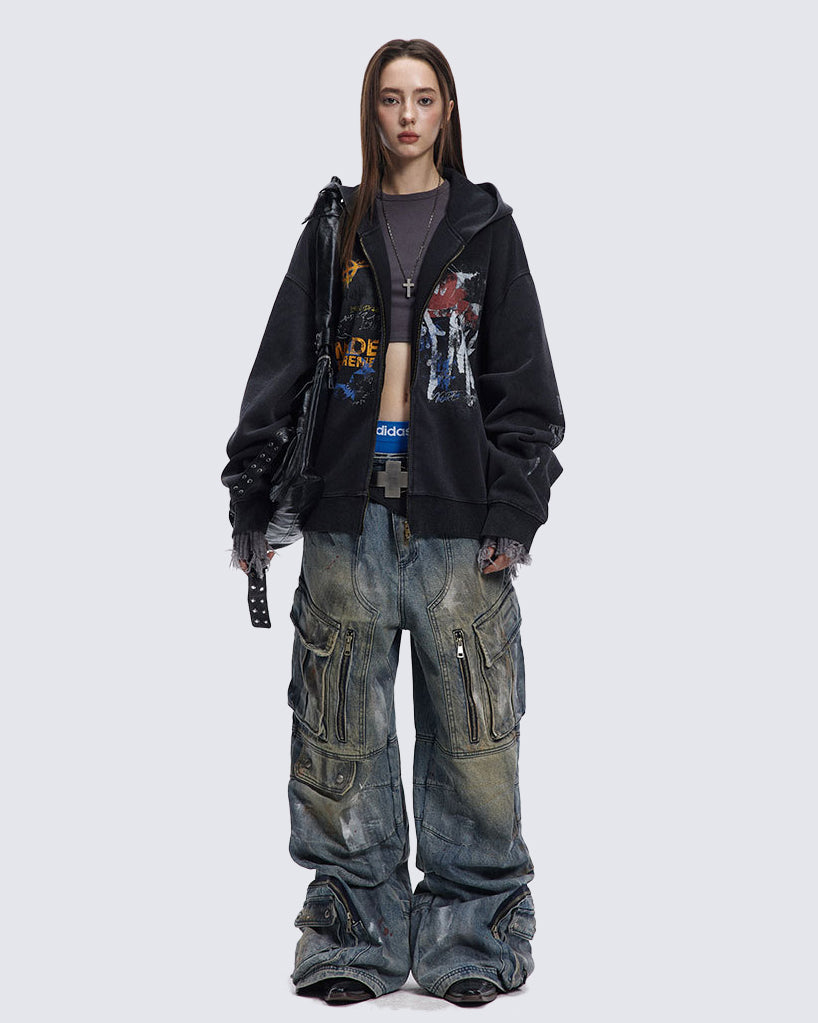 American Hip-hop Print Loose Zip-up Hoodie