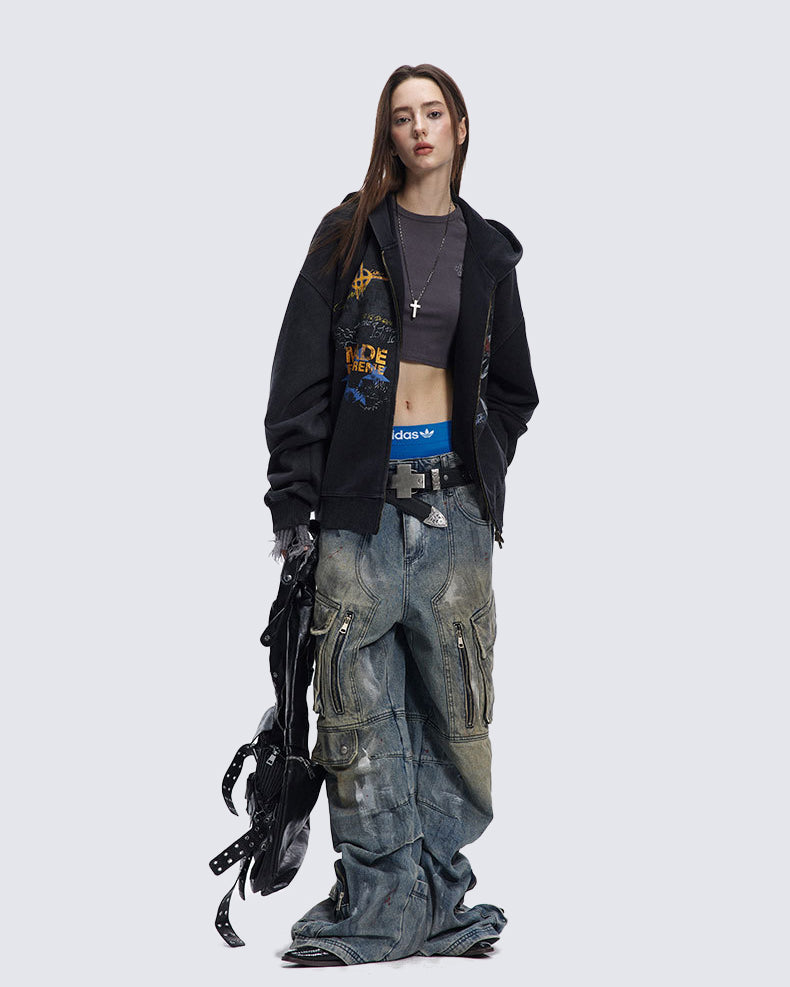 American Hip-hop Print Loose Zip-up Hoodie