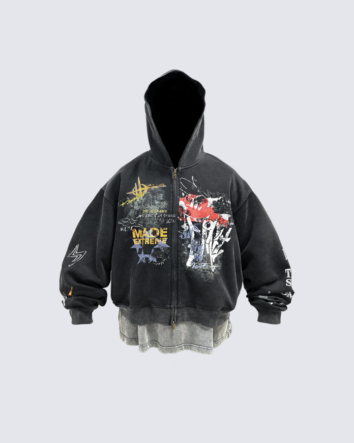 American Hip-hop Print Loose Zip-up Hoodie