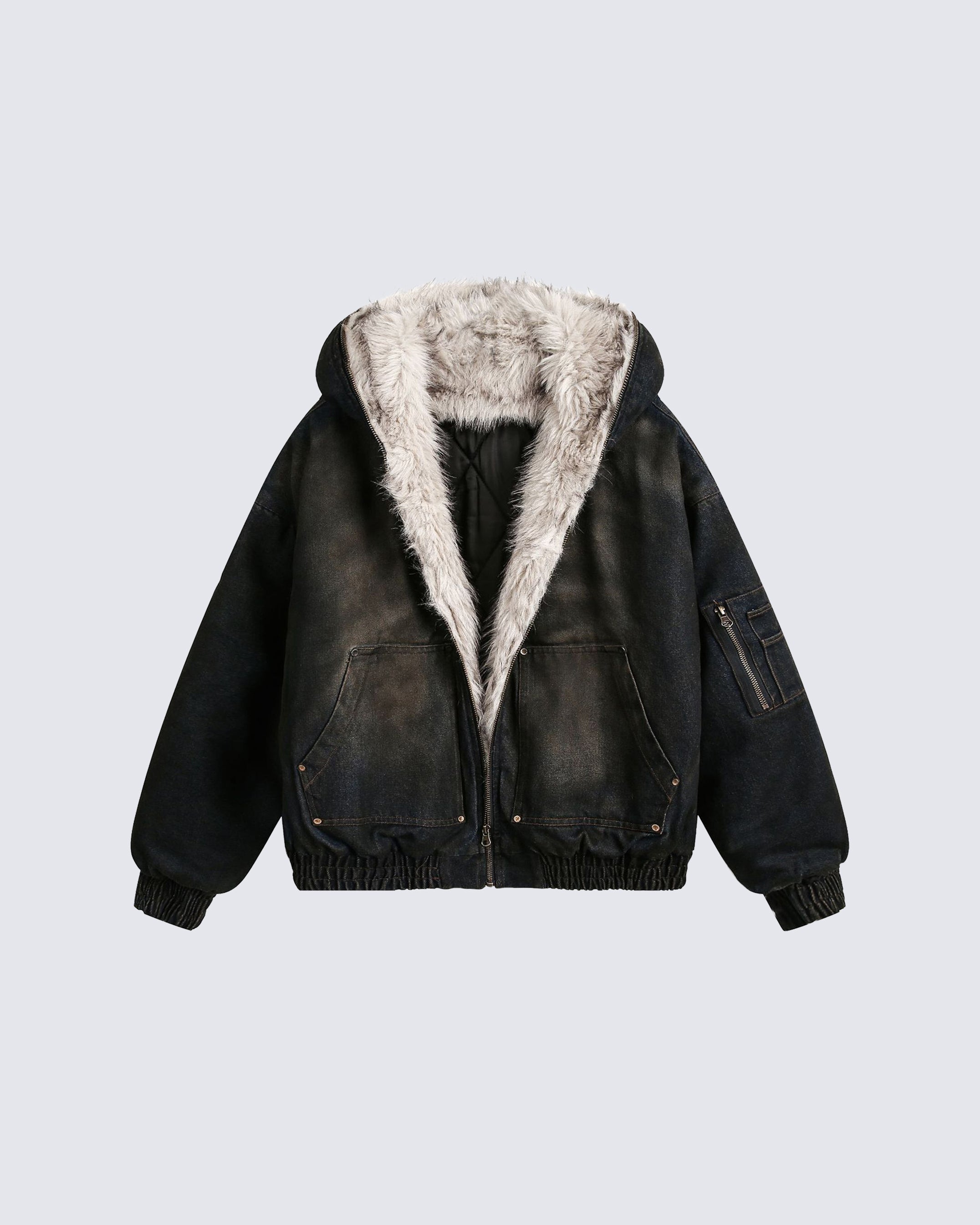 Riyooo Street Vintage Fur Denim Jacket