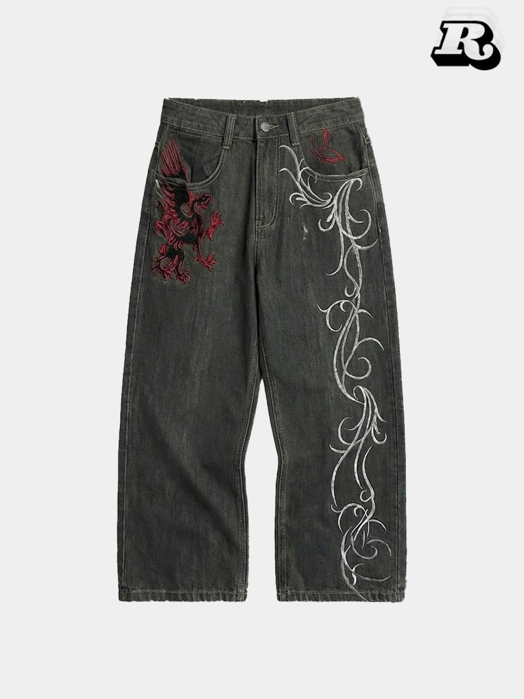 Dragon Embroidered Denim Pants - Riyooo