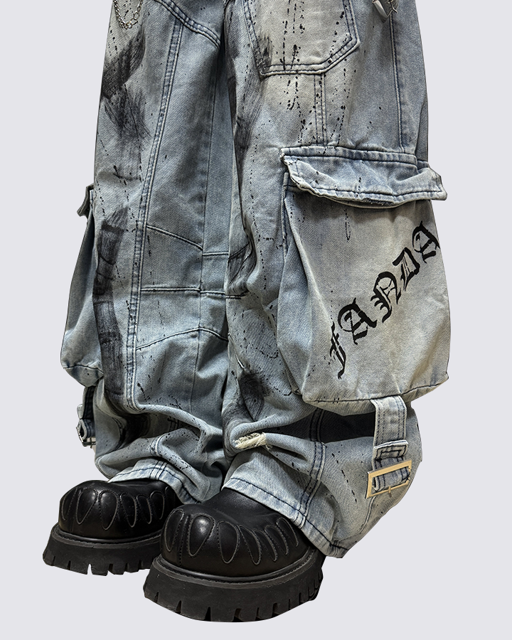 Riyooo Street Distressed Cargo Denim Pants