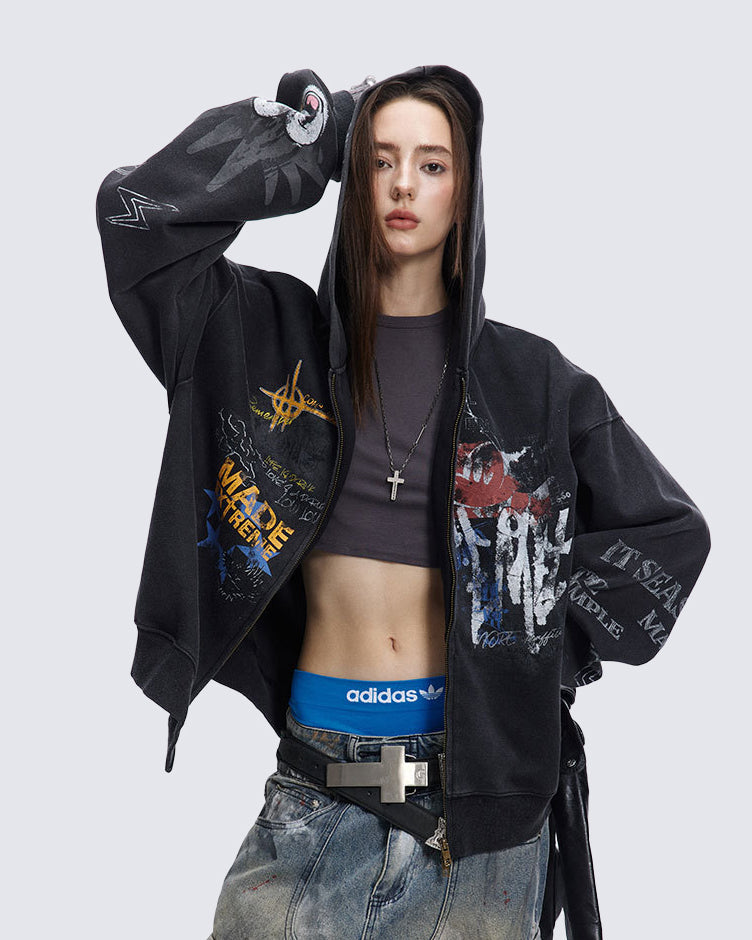 American Hip-hop Print Loose Zip-up Hoodie