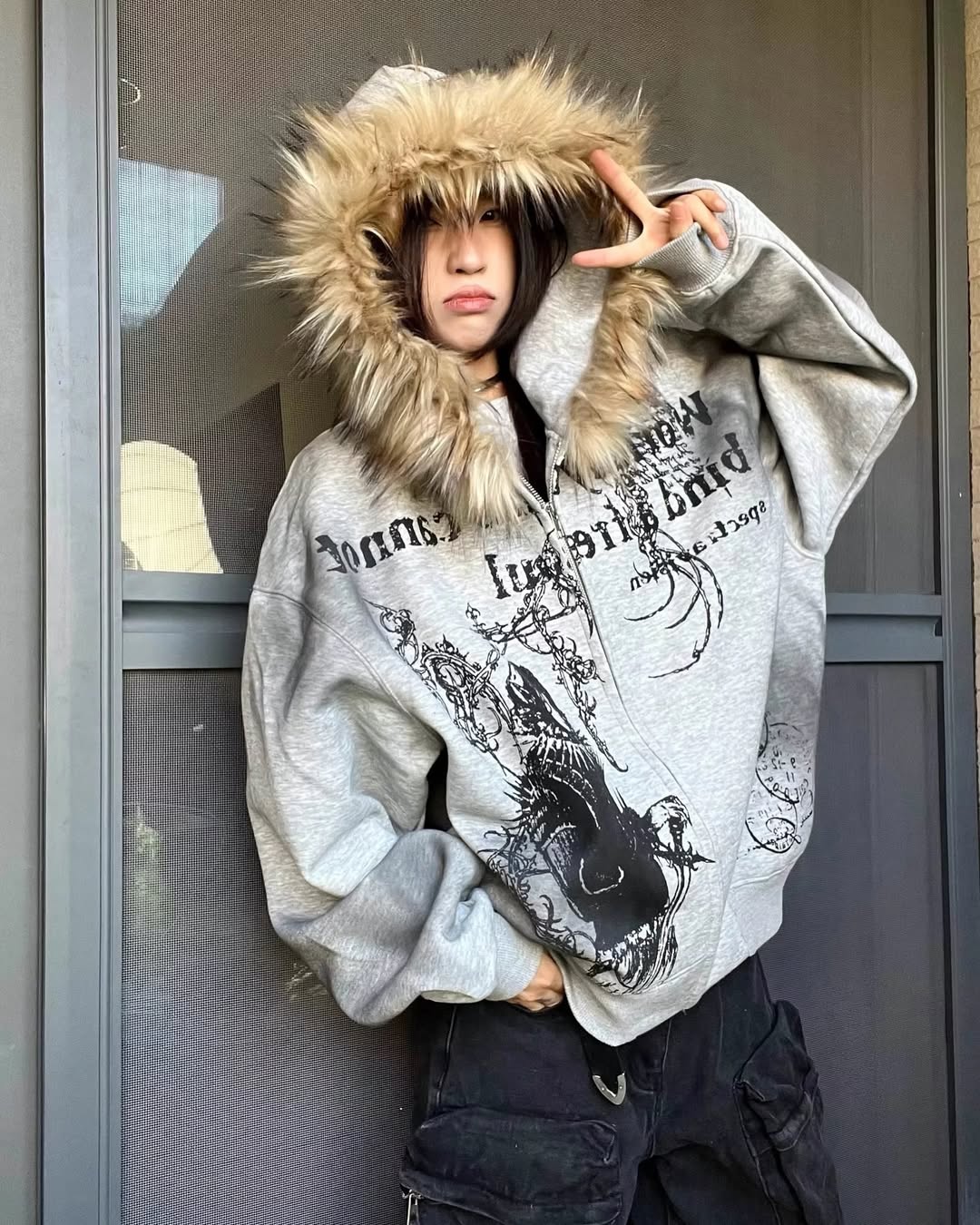 Vintage Zipper Faux Fur Hoodie