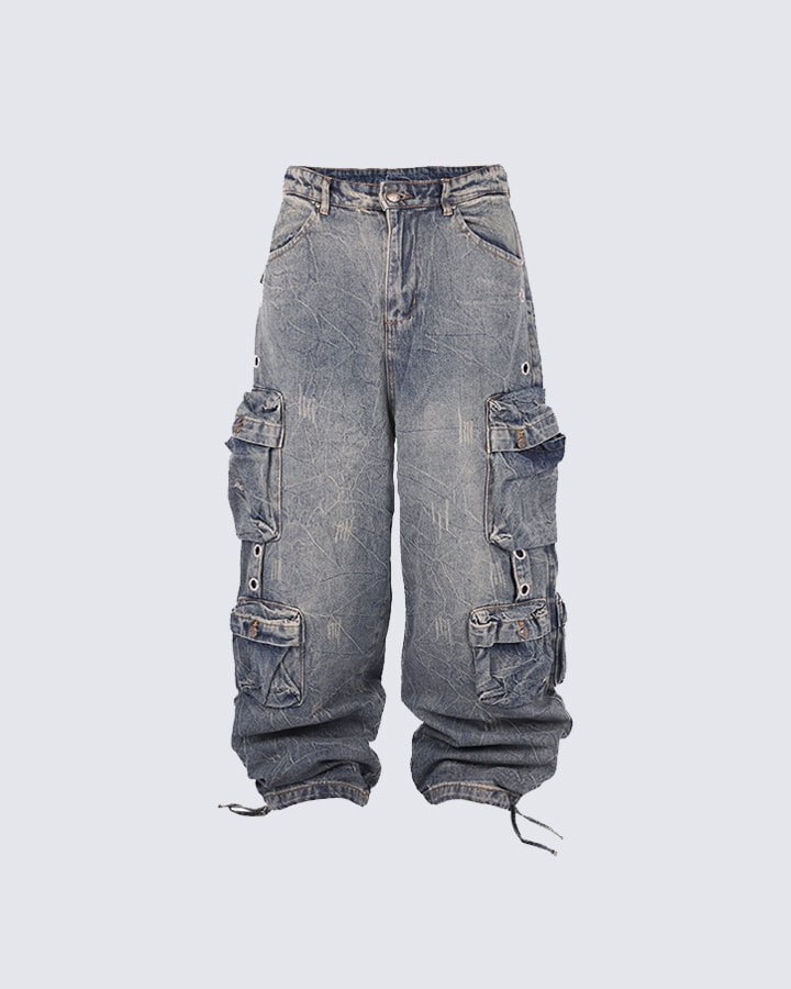 Multi-Pocket Washed Denim Pants