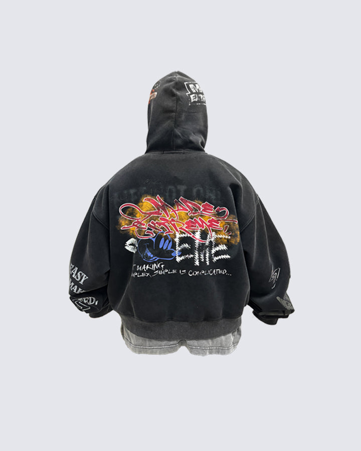 American Hip-hop Print Loose Zip-up Hoodie