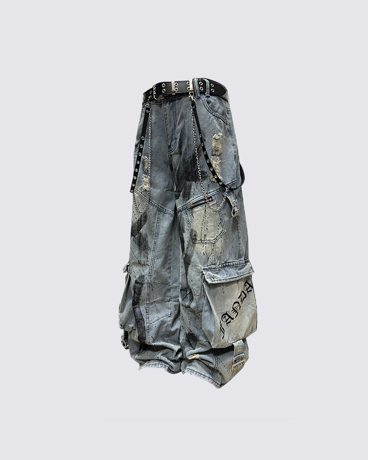 Riyooo Street Distressed Cargo Denim Pants