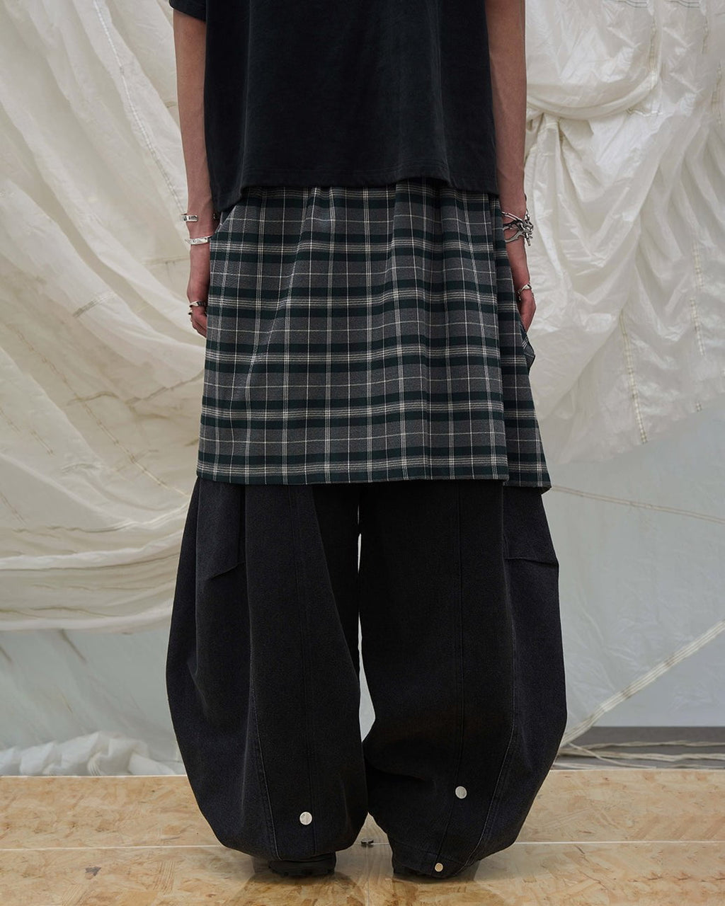 Detachable Plaid Layer Wide-Leg Pants