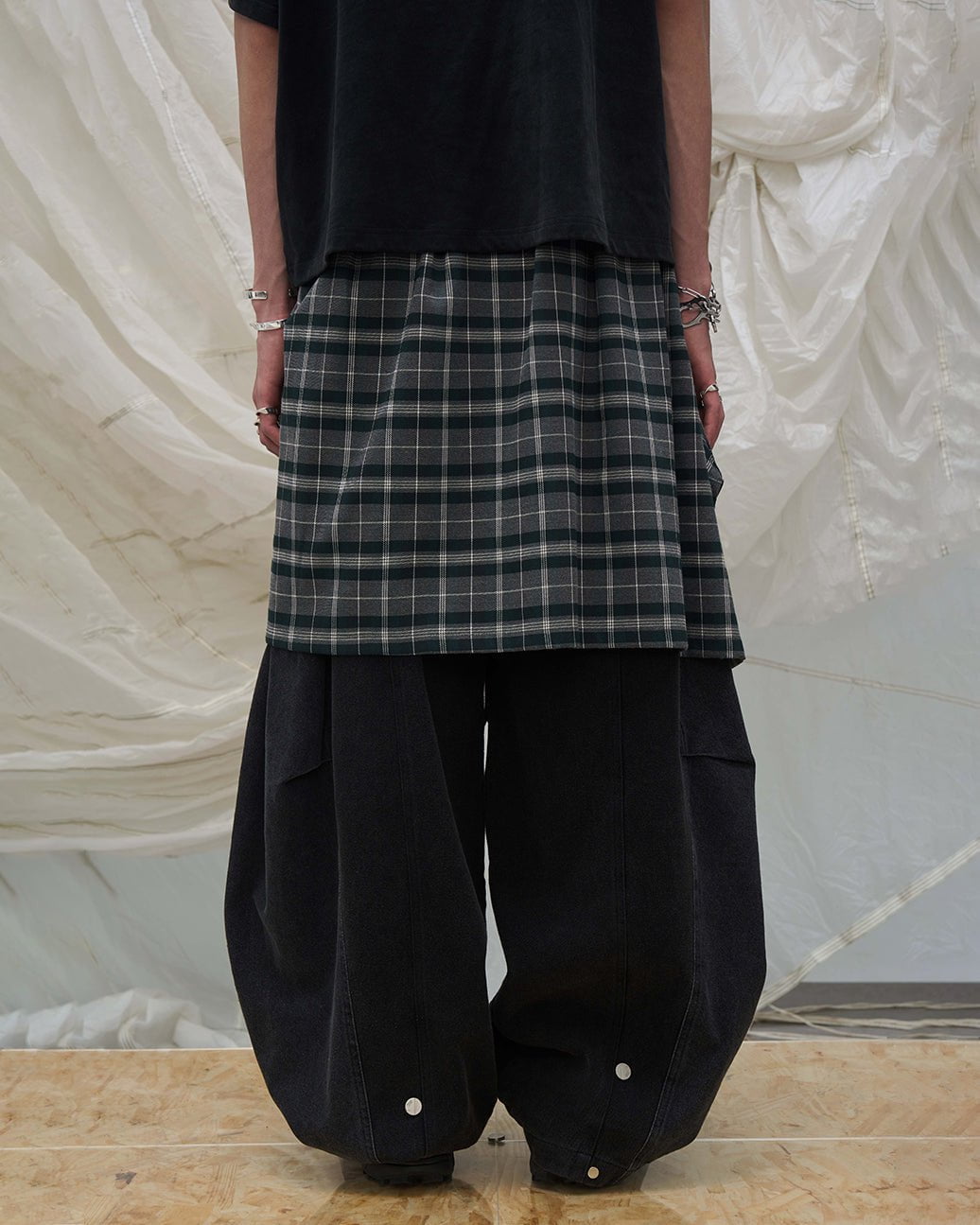 Detachable Plaid Layer Wide-Leg Pants