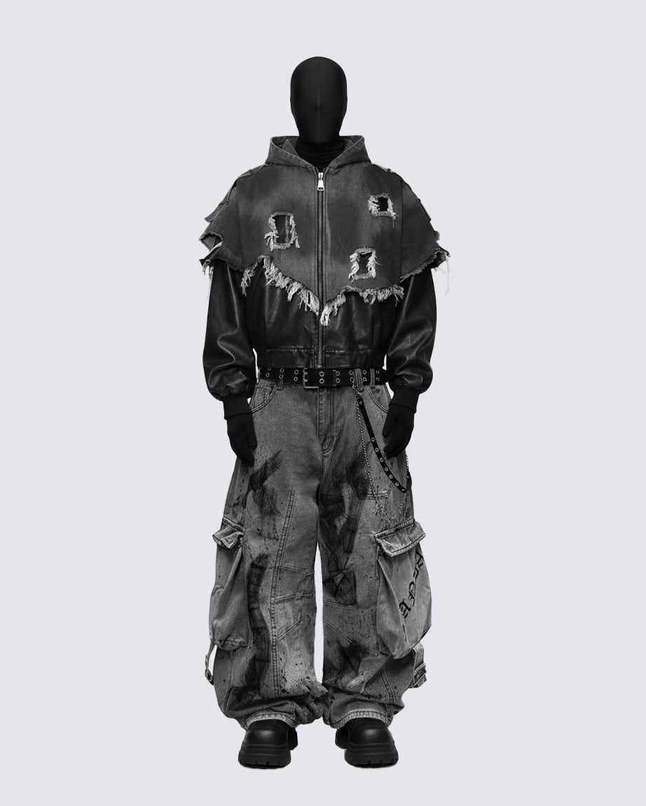 Riyooo Street Distressed Cargo Denim Pants