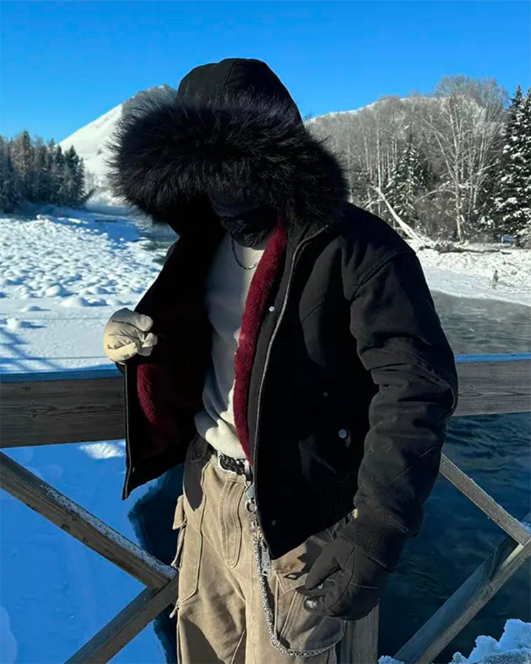 Riyooo Street Black Fur Lined Jacket