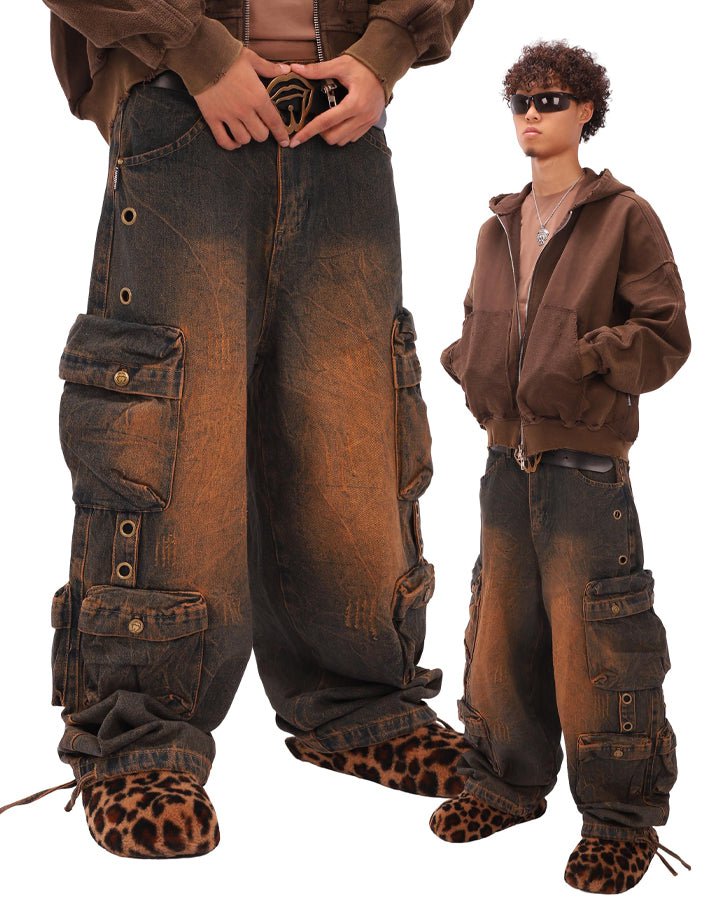 Multi-Pocket Washed Denim Pants