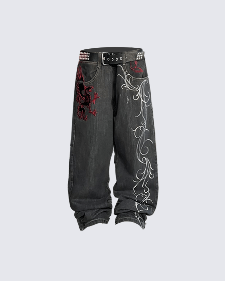Riyooo Street Dragon Embroidered Denim Pants