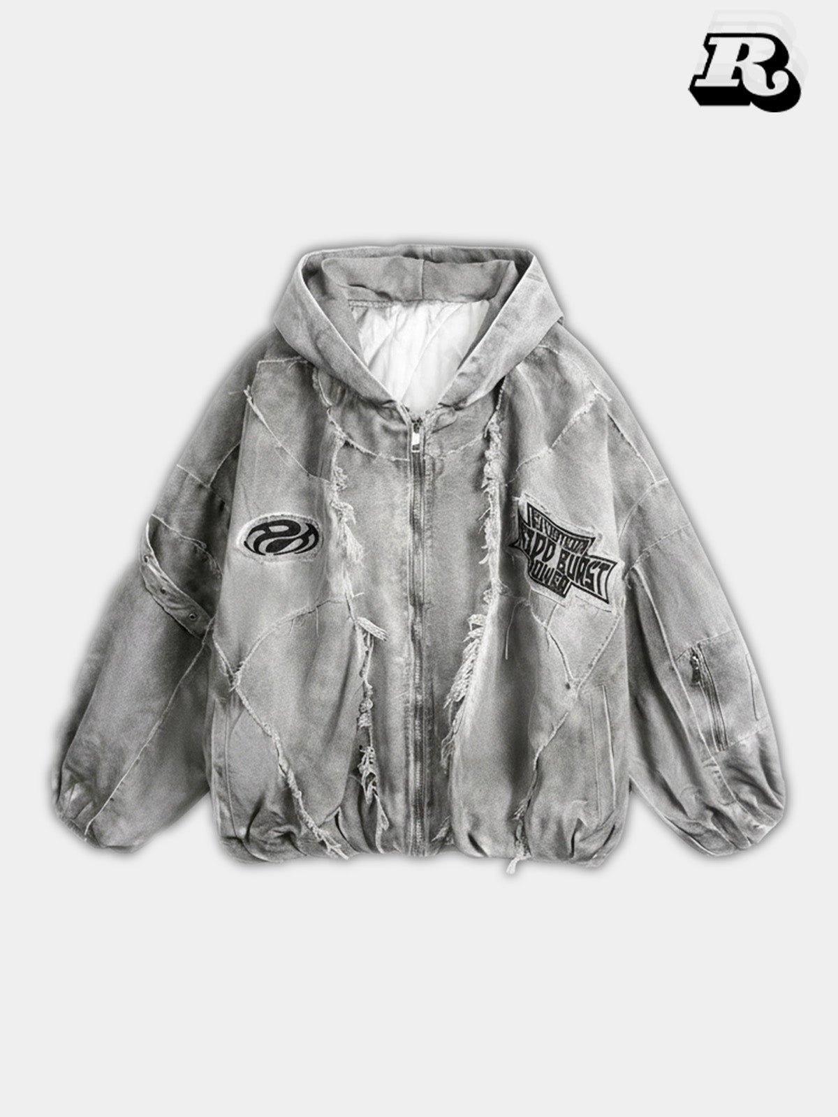 Distressed Embroidered Puffer Jacket - RIYOOO