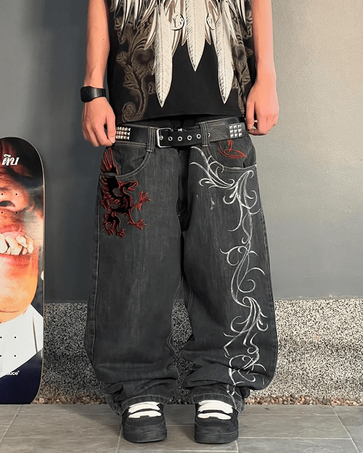 Riyooo Street Dragon Embroidered Denim Pants