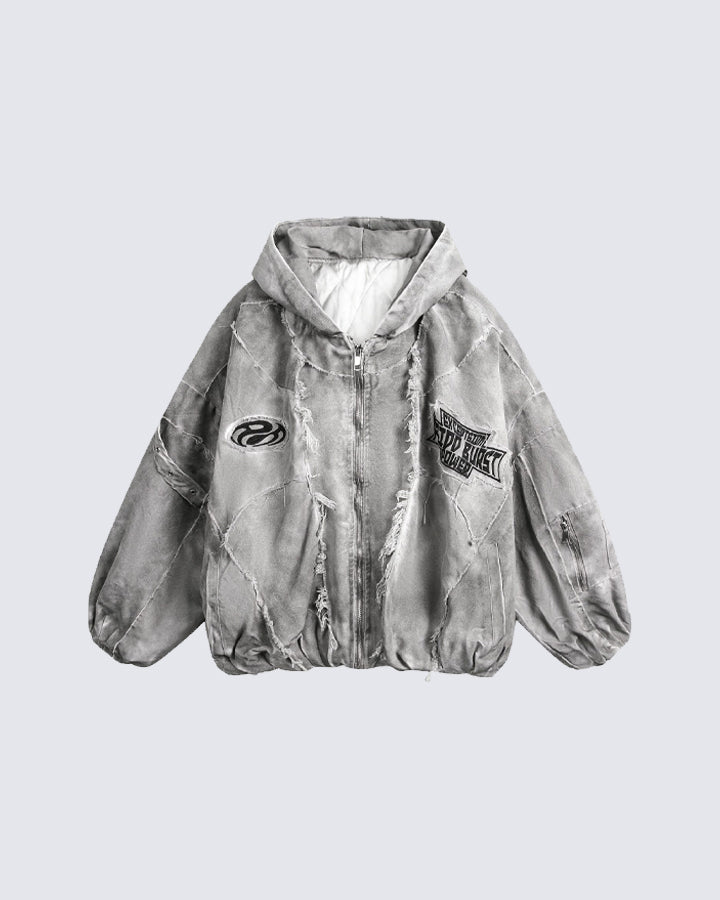 KIIKIO grey distressed embroidered padded hooded jacket with unique stitching and bold graphic designs, ideal for an edgy streetwear vibe.
