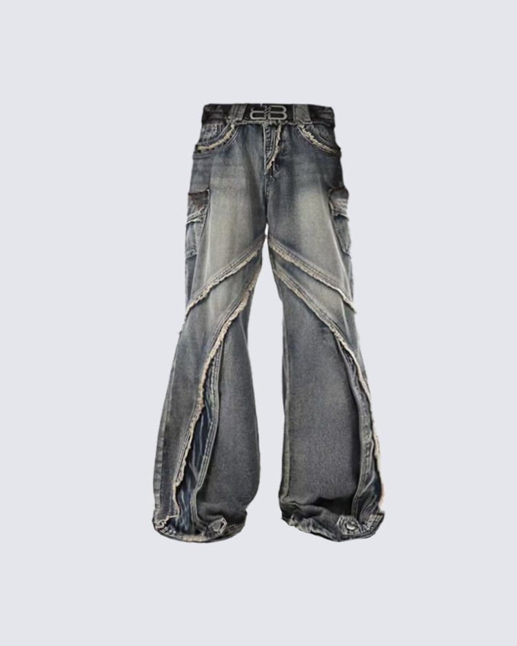 Kiikio Vintage Raw Edge Jeans featuring distressed detailing, raw edges, and a bold design for a unique streetwear look.