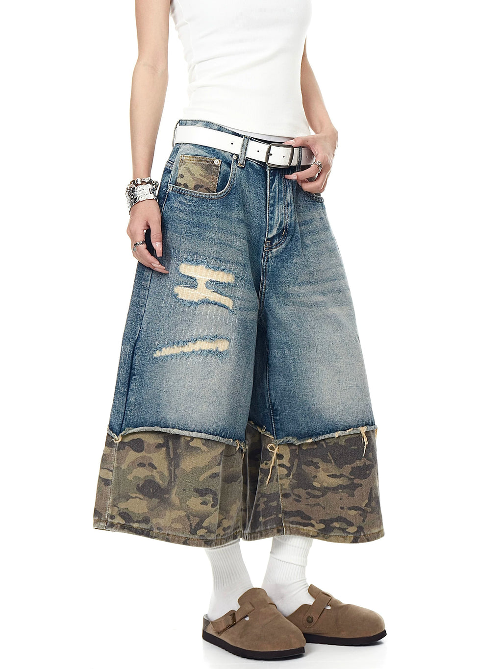 Vintage Camo Patchwork Destroyed Cropped Denim Pants - RIYOOO