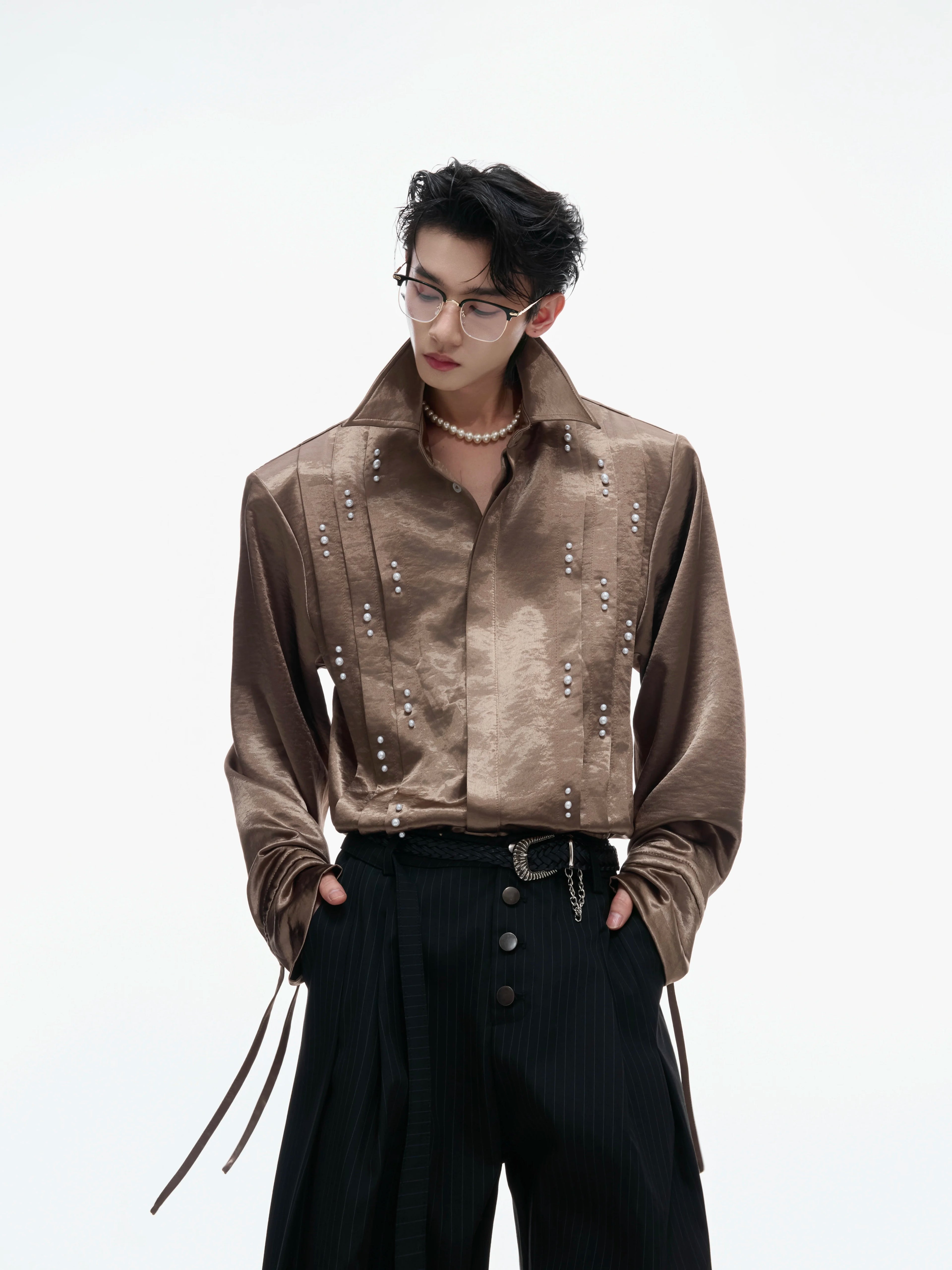 Ribbon Pearl Embellished Shirt - RIYOOO