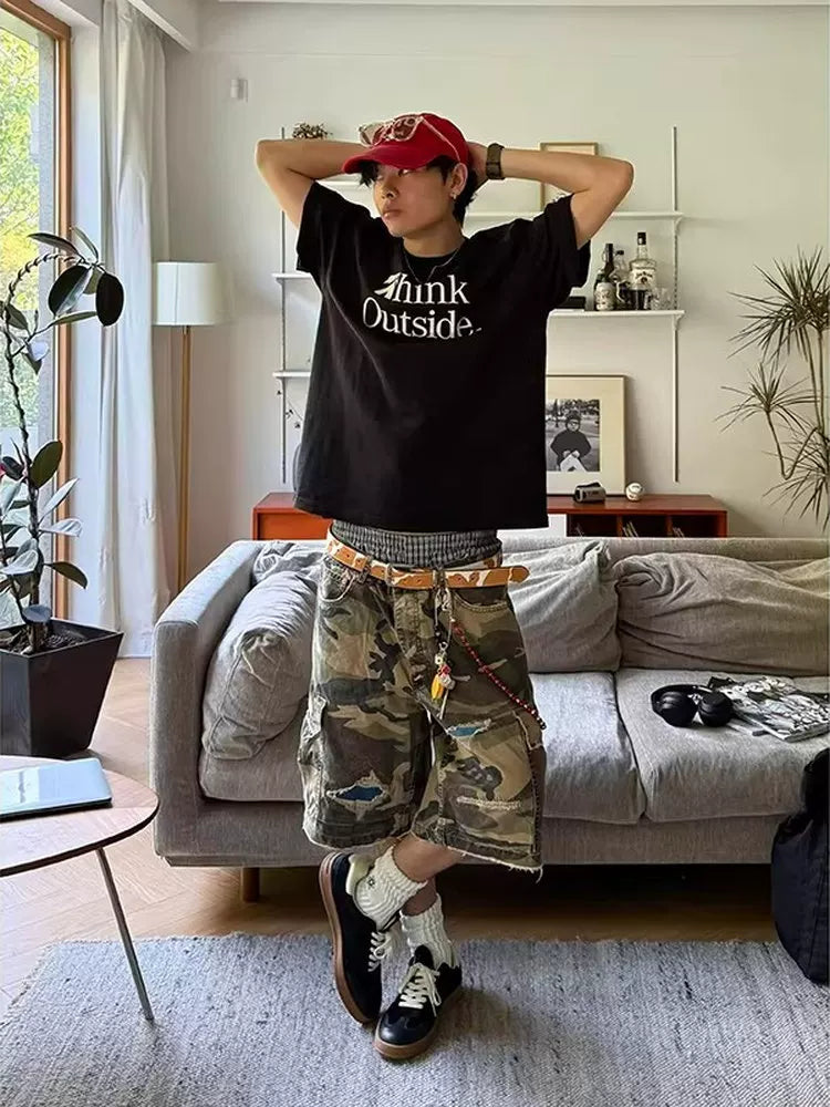 Oversized Pocket Ripped Patchwork Cropped Pants - RIYOOO