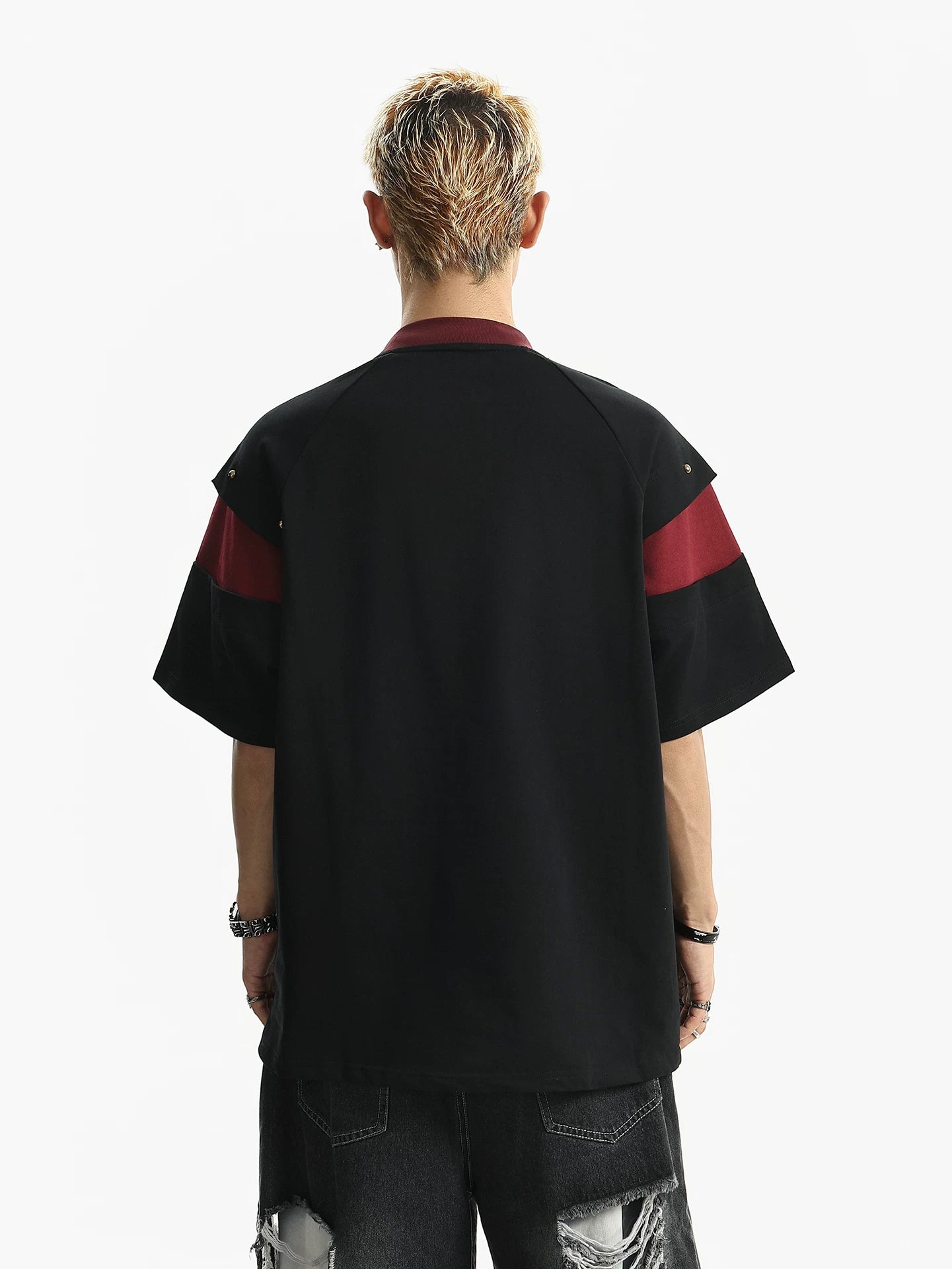 Rivet Color Block Patchwork T-Shirt - RIYOOO