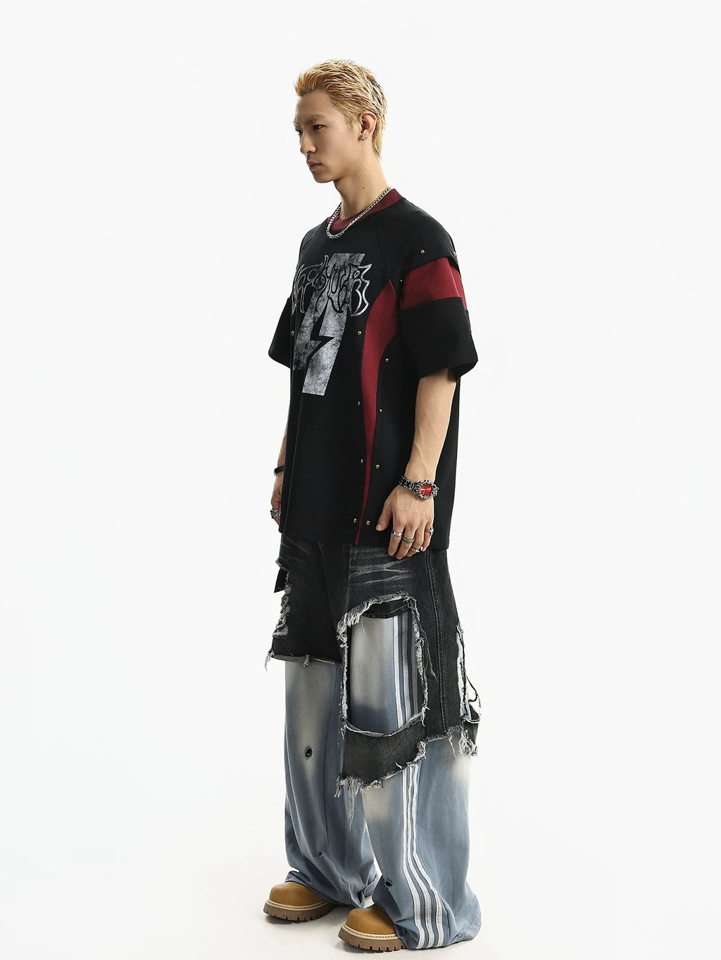 Rivet Color Block Patchwork T-Shirt - RIYOOO