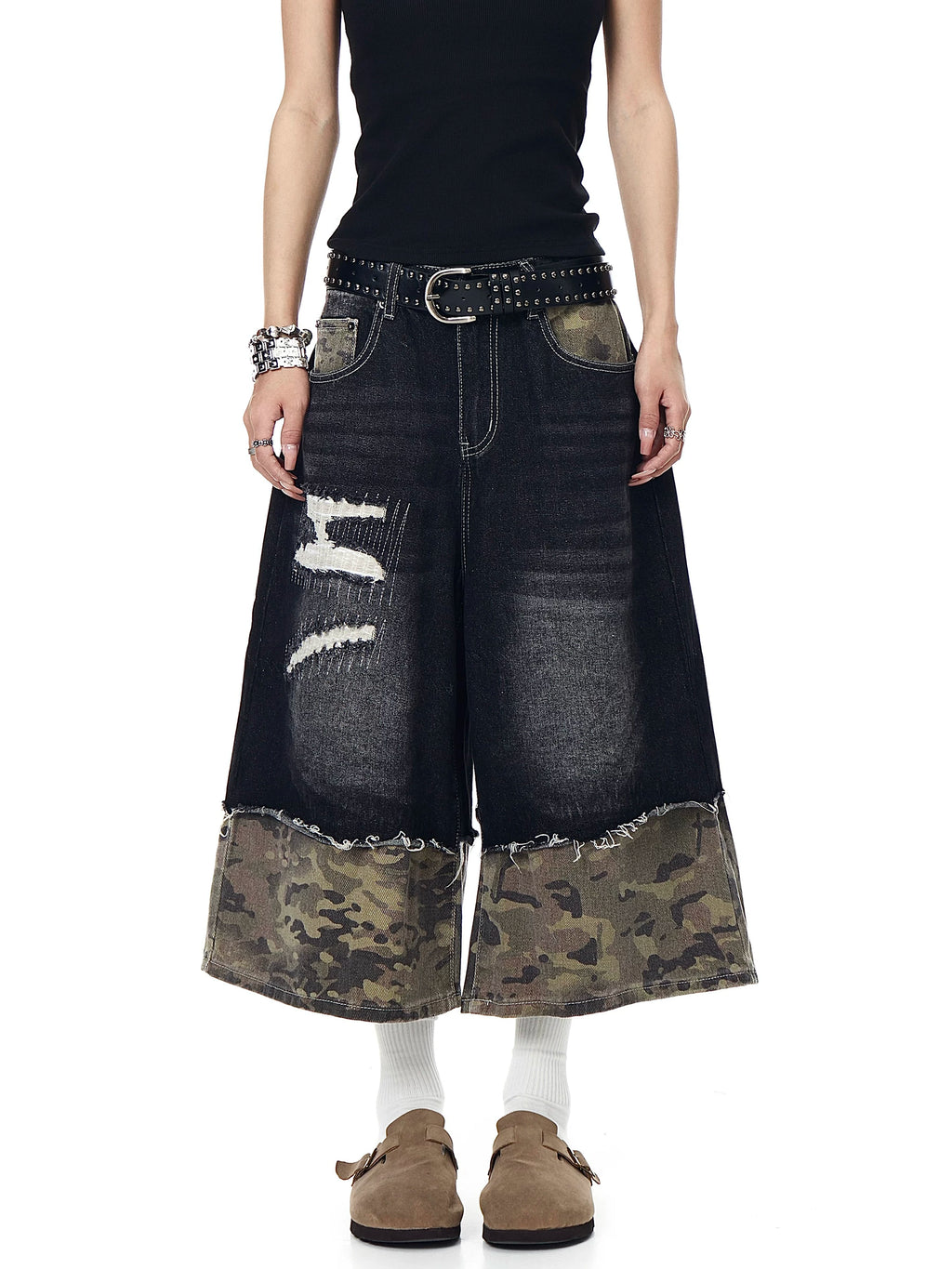 Vintage Camo Patchwork Destroyed Cropped Denim Pants - RIYOOO