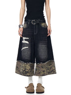 Vintage Camo Patchwork Destroyed Cropped Denim Pants - RIYOOO