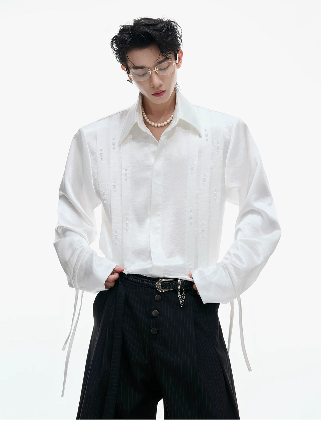 Ribbon Pearl Embellished Shirt - RIYOOO