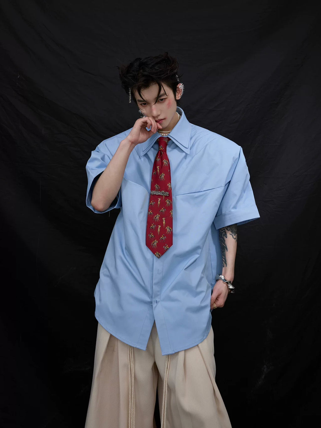 Double Collar Design Short Sleeve Shirt - RIYOOO