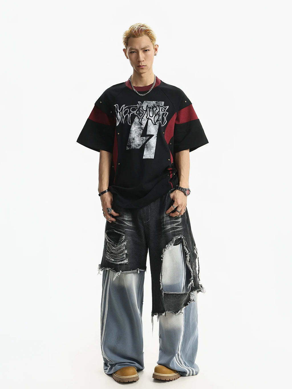 Rivet Color Block Patchwork T-Shirt - RIYOOO