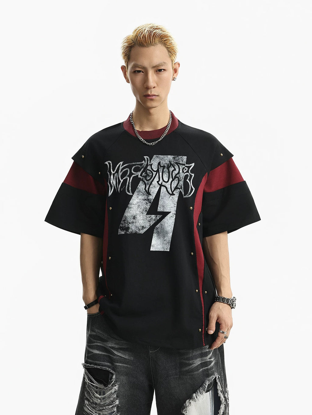 Rivet Color Block Patchwork T-Shirt - RIYOOO