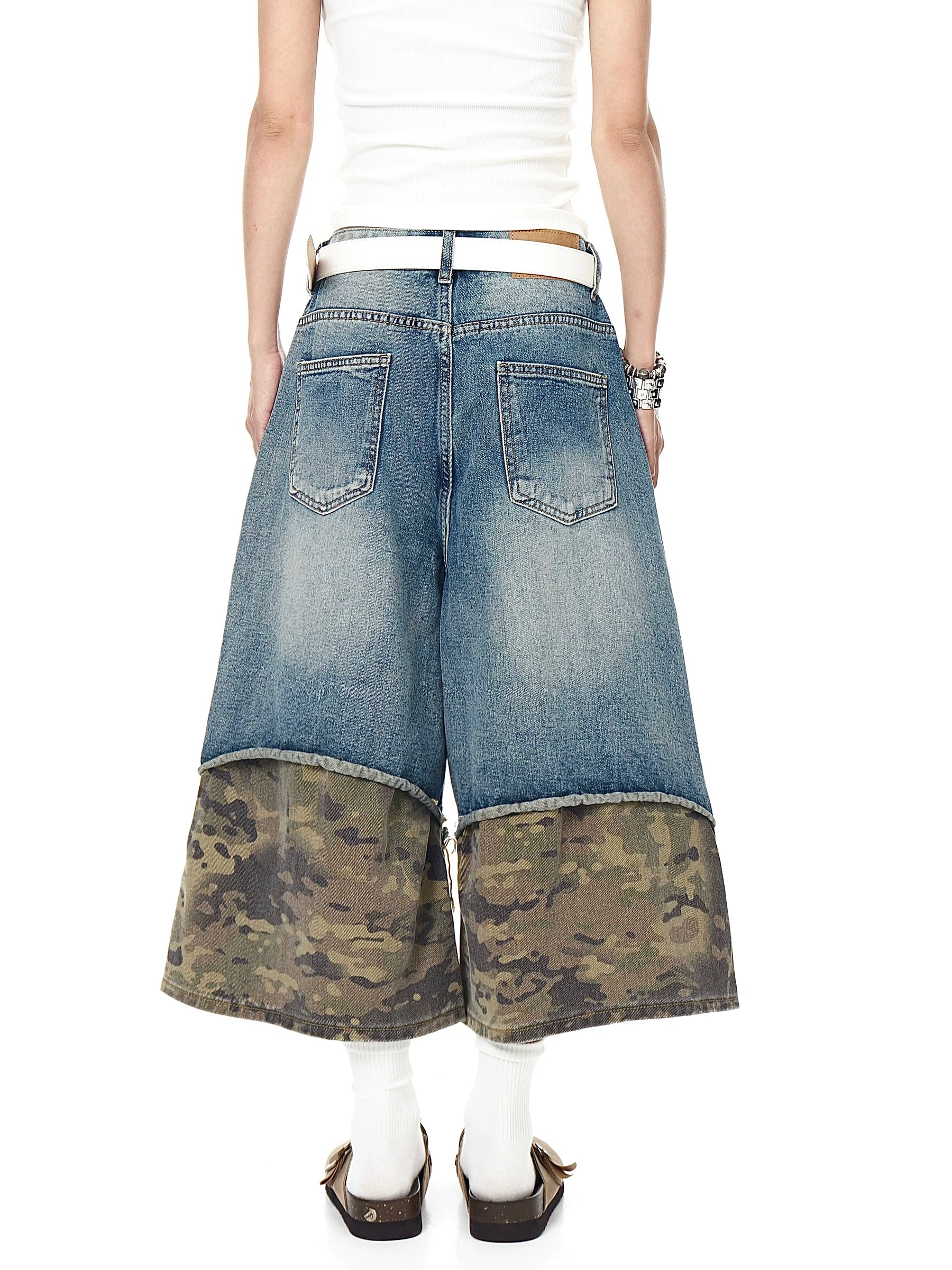 Vintage Camo Patchwork Destroyed Cropped Denim Pants - RIYOOO