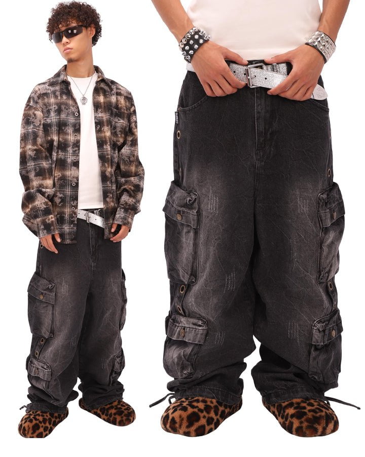 Multi-Pocket Washed Denim Pants