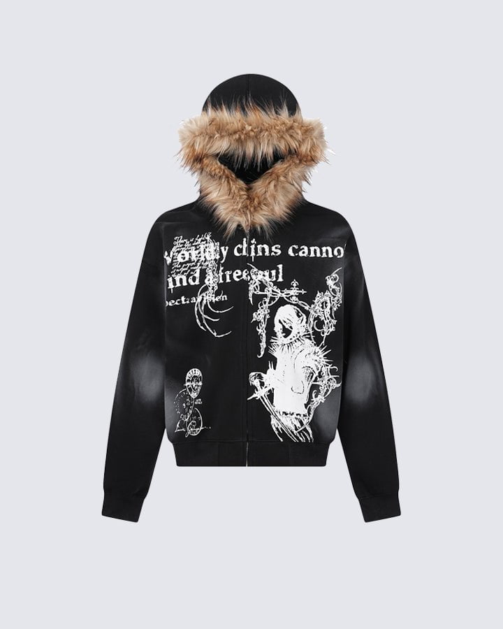 Vintage Zipper Faux Fur Hoodie