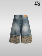 Vintage Camo Patchwork Destroyed Cropped Denim Pants - RIYOOO