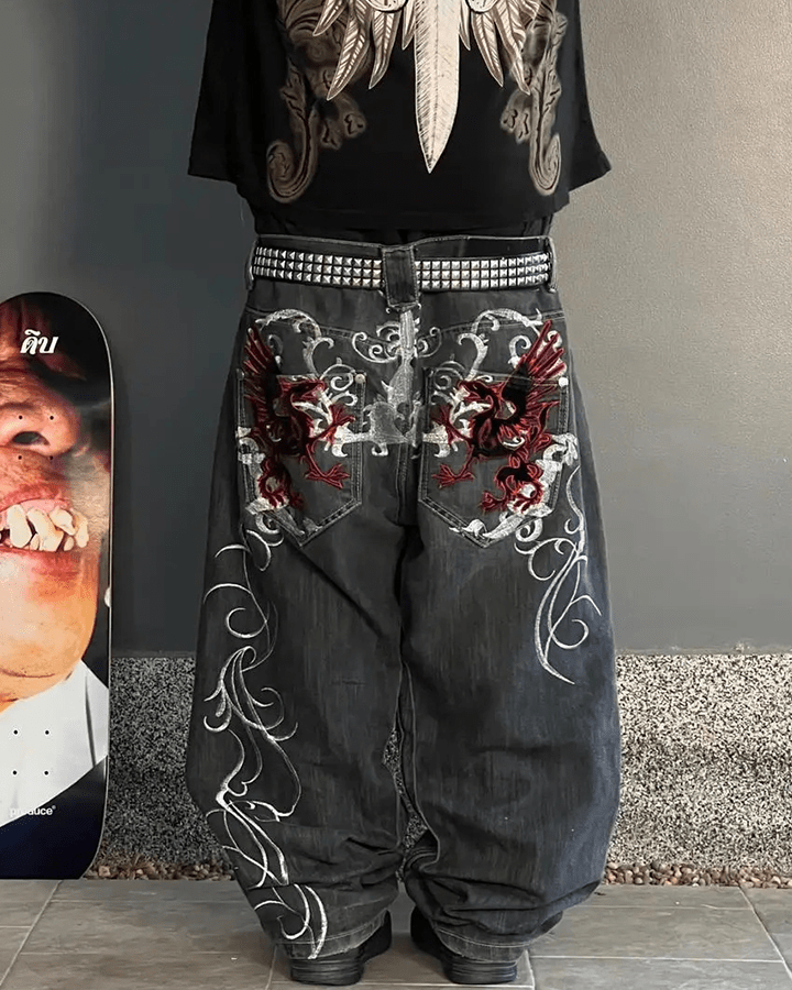 Riyooo Street Dragon Embroidered Denim Pants