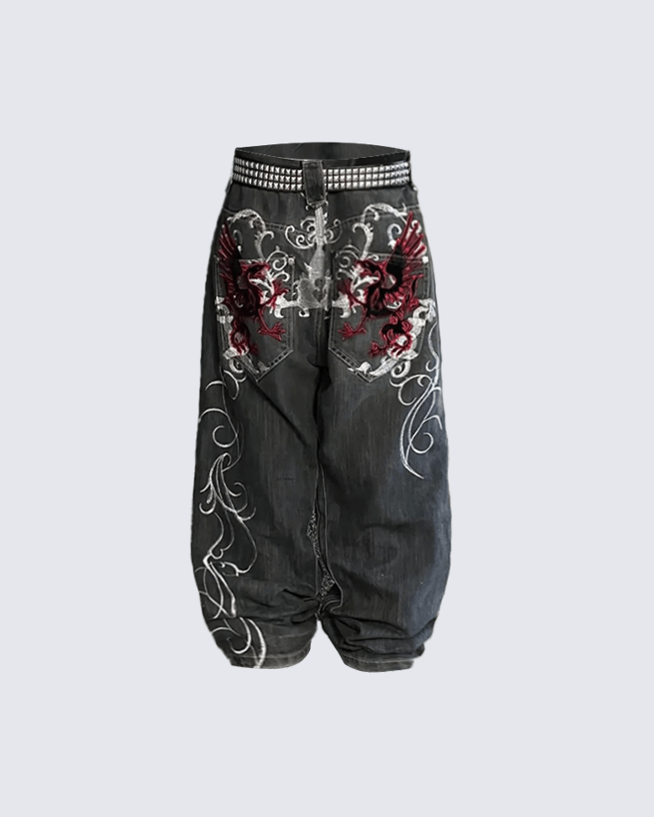 Riyooo Street Dragon Embroidered Denim Pants