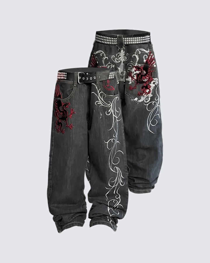 Riyooo Street Dragon Embroidered Denim Pants